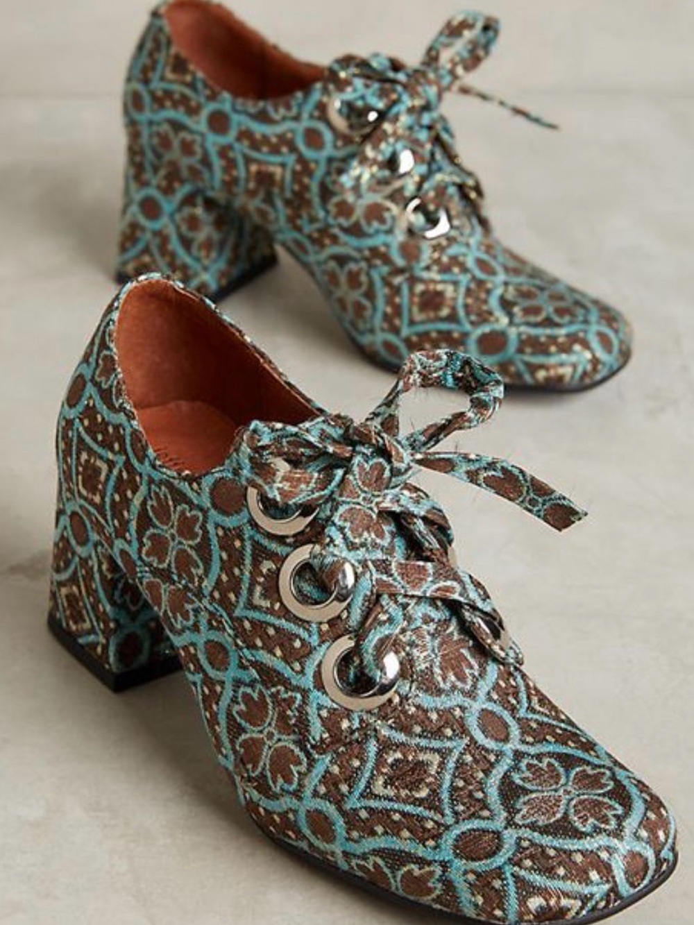 Jeffrey Campbell Blue and Brown Brocade Lace-Up block heel